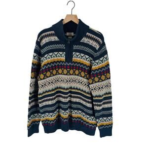 L.L. Bean Fair Isle Half Zip Pullover Sweater Organic Cotton Blue Multicolor XL